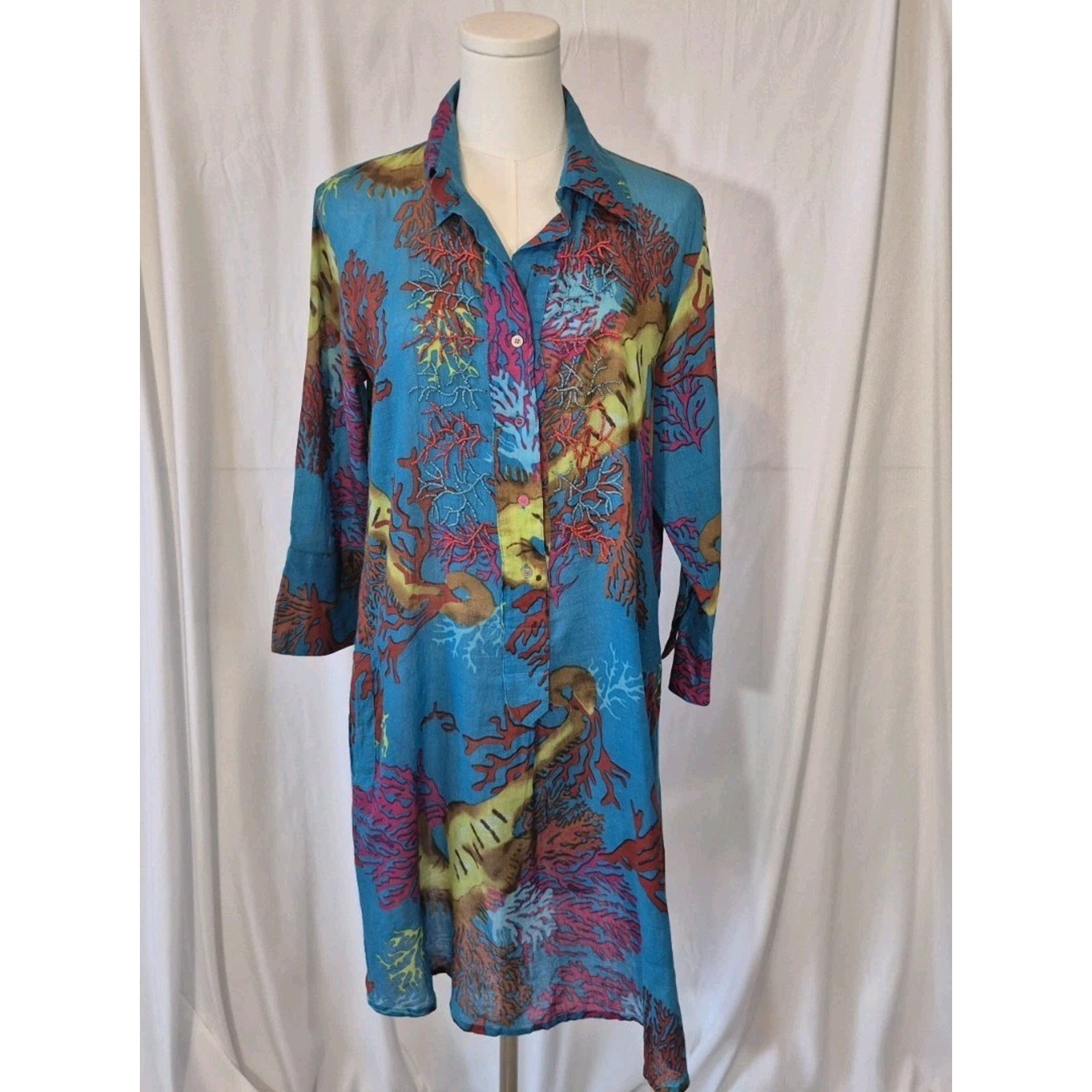 Antica Sartoria Womens Designer Blue Red Floral Shirt Dress Small